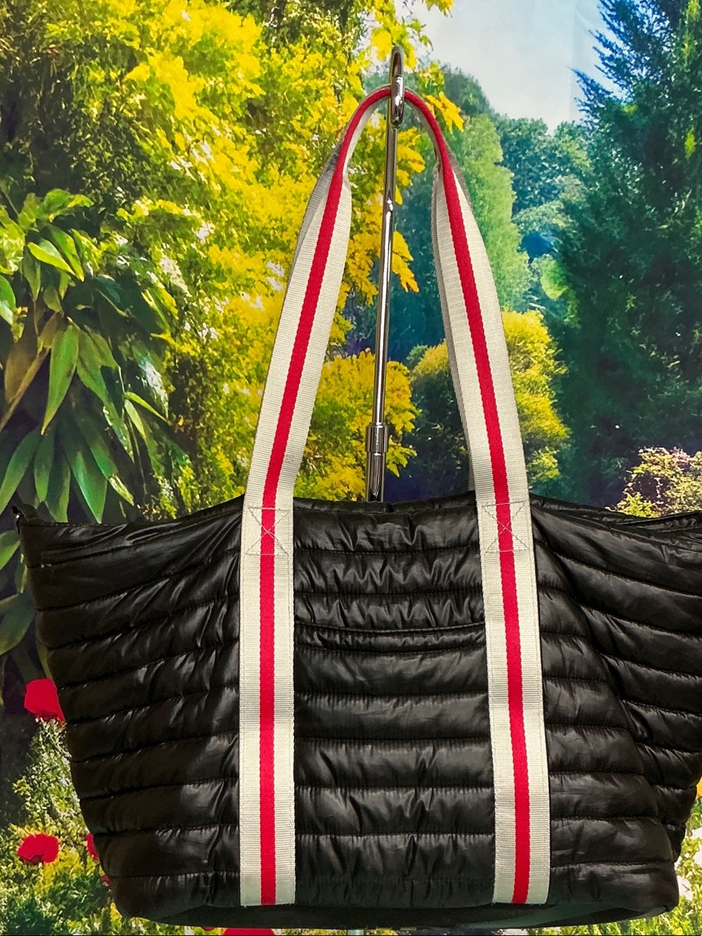 Think Royln Black Quilted Tote Bag with Red-Trim Straps
